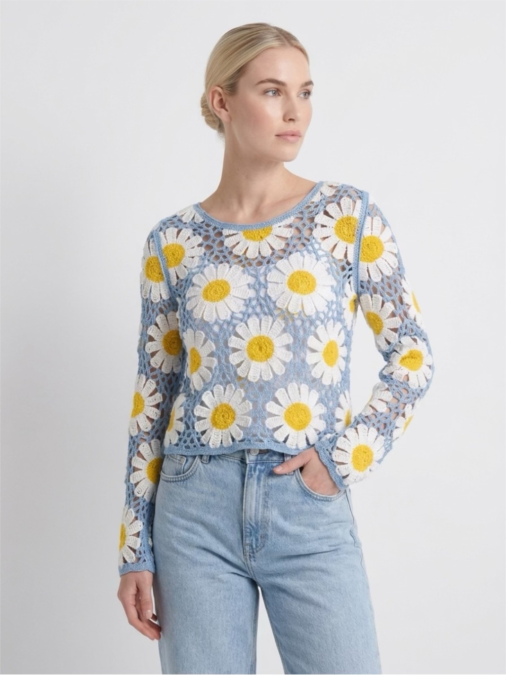 Rebellion Light Blue Crochet Daisy Pullover with White & Yellow Flowers